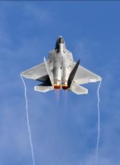 A USAF F-22 Raptor jet flies in the air